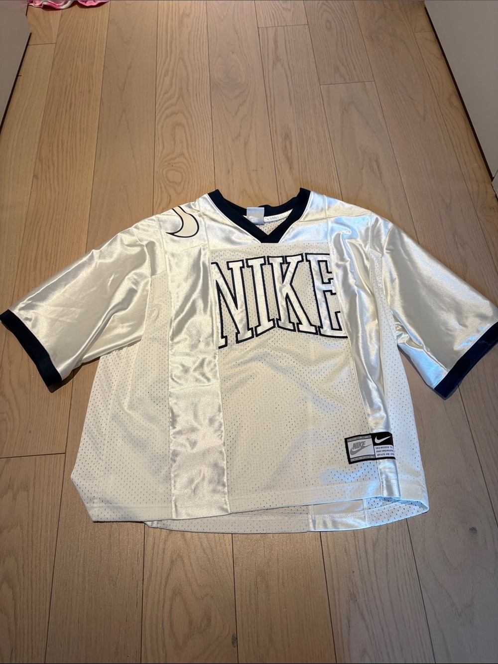 Nike White and Navy Oversized Athletic Mesh Top